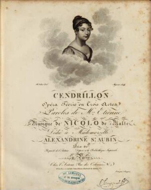 CENDRILLON Opéra Féerie en Trois Actes Paroles de M.r Etienne Musique de NICOLO de Malte Dédié à Mademoiselle ALEXANDRINE S.T AUBIN Prix Propriété de l'Auteur. Déposé à la Bibliothèque Impériale