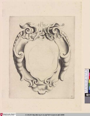 [Kartusche mit Muschelwerk; Cartouche met kwabornament waarvan de randen naar binnen krullen]