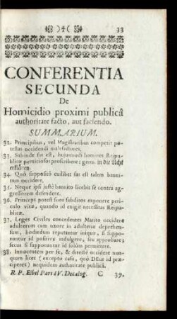 Conferentia Secunda De Homicidio proximi publicâ authoritate facto, aut faciendo
