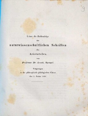 Ueber die Reihenfolge der naturwissenschaftlichen Schriften des Aristoteles