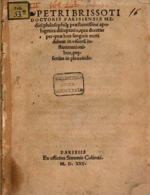 Apologetica disceptatio, qua docetur per quae loca sanquis mitti debeat in viscerum inflammationibus