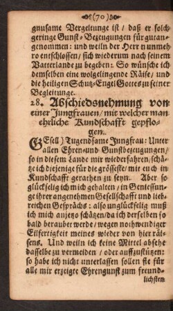 28. Abschiednehmung von einer Jungfrauen/ mit welcher man ehrliche Kundschafft gepflogen.