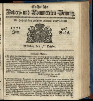 40tes Stueck, Montag den 7ten October 1771