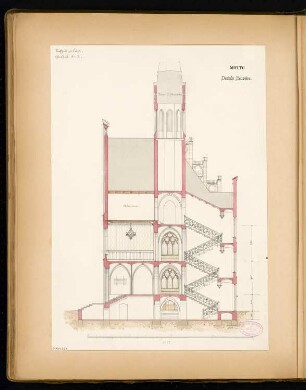 Rathaus, Calau Monatskonkurrenz März 1879: Grundriss Keller, Querschnitt 1:75; Maßstabsleiste