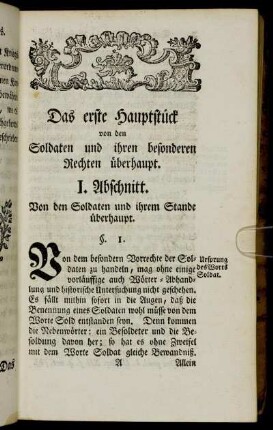Das erste Hauptstück von den Soldaten und ihren besonderen Rechten überhaupt.