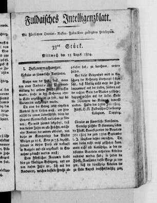 33tes Stück, Ausgabe vom 15. August 1804