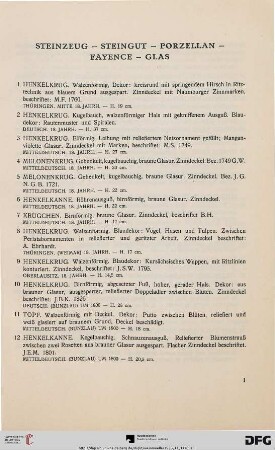 Steinzeug, Steingut, Porzellan, Fayence, Glas (Nr. 1-59)