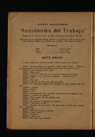 Accidentes de trabajo : adaptación de "Scena Vuota" de Dario Niccodemi, por Julio F. Escobar