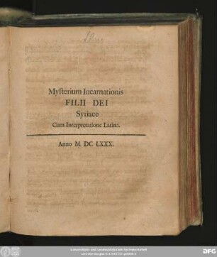 Mysterium Incarnationis Filii Dei : Syriace Cum Interpretatione Latina
