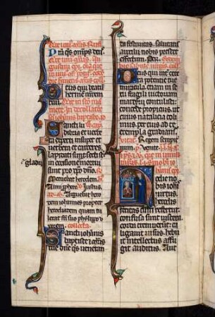 Historisierte Initiale: H(odie nobis iohannis virtus): Johannes der Täufer im Gefängnis, daneben steht König Herodes