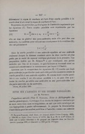 NOTES SUR L´ASTROIDE ET SES COURBES PARALLÈLES.