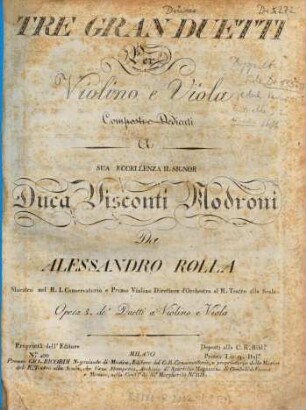 Tre gran duetti per violino e viola : opera 8. de' duetti a violino e viola