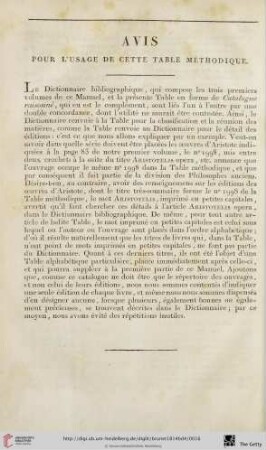 Avis pour L'usage de cette Table méthodique