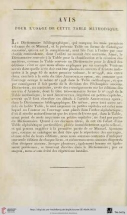 Avis pour L'usage de cette Table méthodique