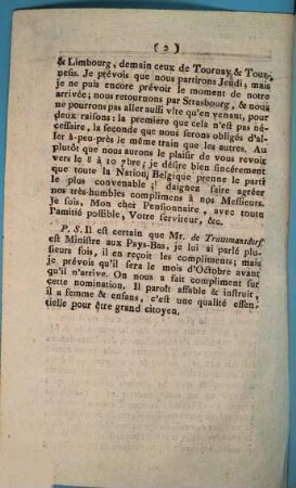 Lettre D'un Député de la Province de Namur, datée de Vienne du 21 Août 1787, adressée au Pensionnaire de États Nobles de ladite Province