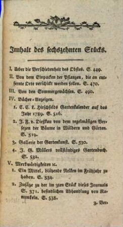 Journal für die Gärtnerey, welches eigene Abhandlungen, Auszüge und Urtheile der neuesten Schriften, so vom Gartenwesen handeln, auch Erfahrungen und Nachrichten enthält. 16. 1788