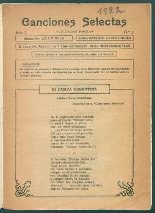 Mi pampa argentina : Estilo criollo tradicional. Especial para "Canciones selectas"