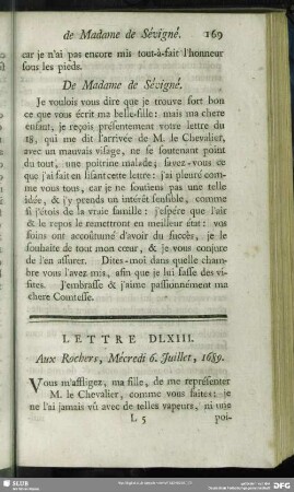 Lettre DLXIII. Aux Rochers, Mécredi 6. Juillet, 1689