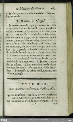 Lettre DLXIII. Aux Rochers, Mécredi 6. Juillet, 1689