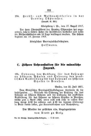 Herbst- und Weihnachtsferien in der Provinz Ostpreußen : [B. Allgemeine Angelegenheiten der Unterrichtsanstalten]