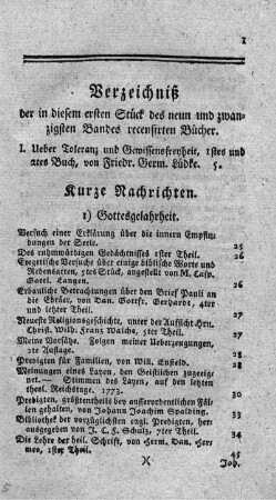 Verzeichniß der in diesem ersten Stück des neun und zwanzigsten Bandes recensirten Bücher.