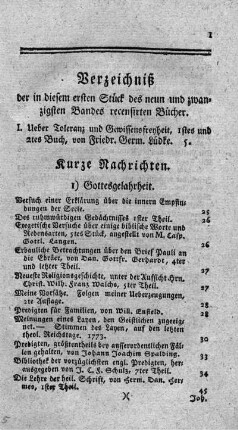 Verzeichniß der in diesem ersten Stück des neun und zwanzigsten Bandes recensirten Bücher.