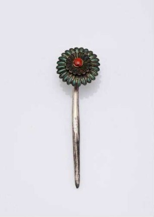Haarpfeil aus Silber mit emaillierter Blüte, "Eun paran duikkoji" 은파란뒤꽂이
