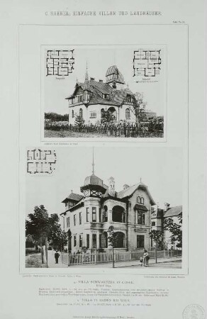 Villa Schwartzer in Cosel (erbaut 1894; Foto, Grundrisse) und Villa in Baden bei Wien (Foto, Grundriß), Tafel 59