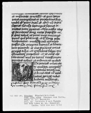 Stephan von Paris, Auslegung der Regel des heiligen Benedikt — Initiale O, darin Mönche bitten Benedikt Abt ihres Klosters zu werden, Folio 43recto