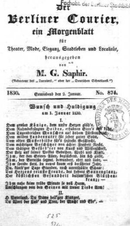 No. 874, Sonnabend den 2. Januar 1830