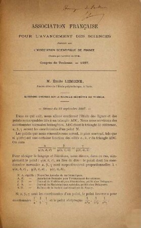 (Opuscules géométriques), [16]. Questions diverses sur la nouvelle géométrie du triangle