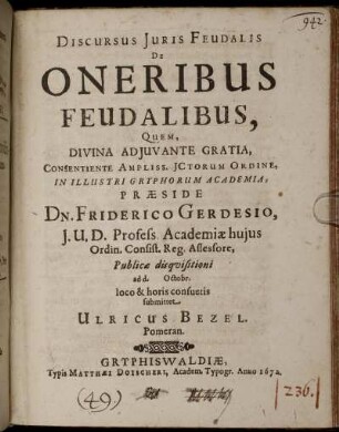 Discursus Iuris Feudalis De Oneribus Feudalibus