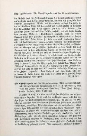 232-233 [Rezension] Friedlaender, Israel, Die Chadhirlegende und der Alexanderroman