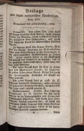 Beilage zum neuen medicinischen Wochenblatt. Nro. XIV. Sonnabend den 31ten October., 1789.