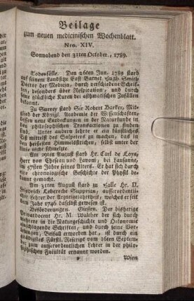 Beilage zum neuen medicinischen Wochenblatt. Nro. XIV. Sonnabend den 31ten October., 1789.