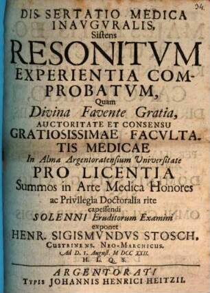 Dissertatio Medica Inavgvralis, Sistens Resonitvm Experientia Comprobatvm