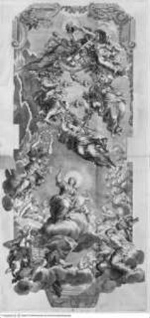 Aedes Barberinae ad Quirinalem. A Comite Hieronymo Tetio Perusino descriptae., Tafel E [7]: Allegorie: Die Divina Providentia und die Tugenden (Salone, Mittelfeld des Deckenfreskos)