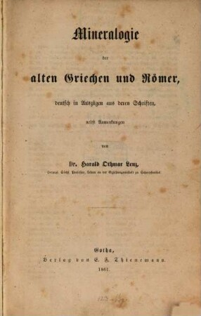 Mineralogie der alten Griechen und Römer : deutsch in Auszügen aus deren Schriften, nebst Anmerkungen