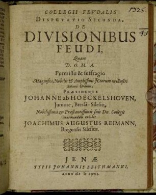Collegii Feudalis Disputatio Secunda, De Divisionibus Feudi