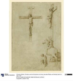 Christus und ein Schächer am Kreuz, darunter Reiter und Soldat