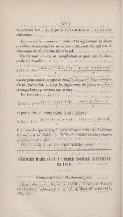 Concours d'admission a l'École Normale supérieure en 1879.