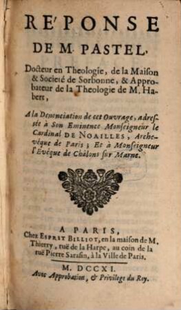 Réponse a la denonciation de la Theologie de M. Habert