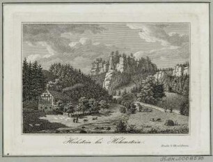 Ansicht vom Hockstein bei Hohnstein, Radierung. um 1840 : Hockstein bei Hohenstein / Pescheck sc. - Dresden : Otto u. Lehmann, [ca. 1840]. - 1 Kunstblatt : Radierung ; 10,2 x 6,8 cm