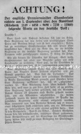 Britisches Abwurf-Flugblatt mit dem Wortlaut einer Rundfunkansprache von Premierminister Chamberlain an das deutsche Volk