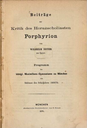 Beiträge zur Kritik des Horazscholiasten Porphyrion