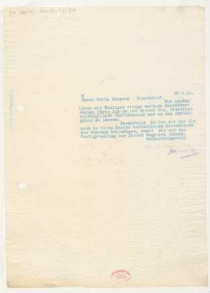 Brief an Fritz Jürgens : 20.04.1911