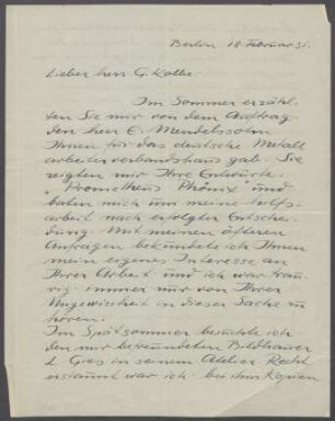 Brief von Andreas Moritz an Georg Kolbe