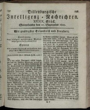 XXXIX. Stück. Sonnabends den 27. September 1800.