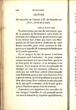 Lettre Du maréchal de Catinat à M. de Croisille son frère, écrite de sa main. Oulx, le 5 avril 1693. [...]