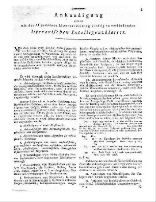 Ankündigung eines mit der Allgemeinen Literatur-Zeitung künftig zu verbindenden literarischen Intelligenzblattes